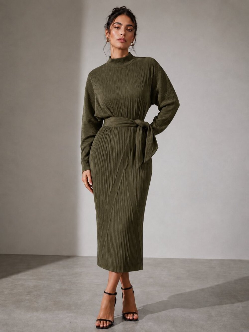 Ashley Stewart Mid-Length Sweater Dress with 3/4 length sleeves and tie waist